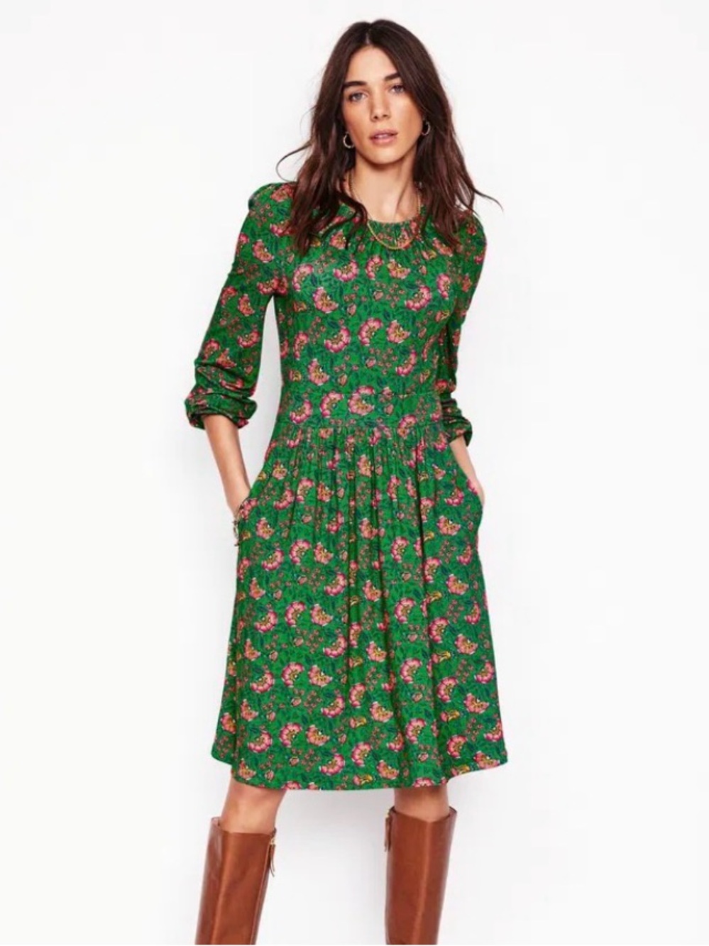 Boden Alexandra Blouson Jersey Dress US 10R Green Floral